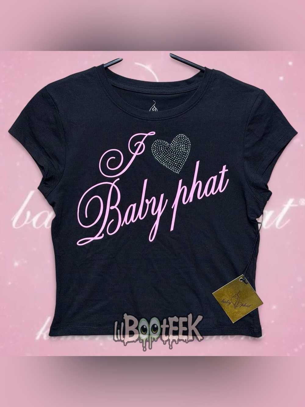 Baby Phat MD Black T-Shirt Pink "I <3 Baby Phat" Rhinestone Heart & Cat NwT Y2K